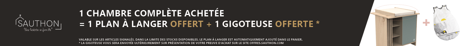 Sauthon : 1 chambre duo ou trio = 1 plan à langer offert + 1 gigoteuse en ODR