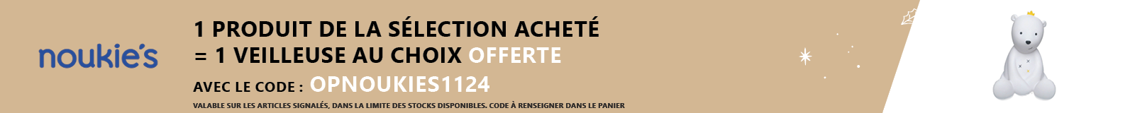 Noukie's : 1 peluche géante ou bascule ou fauteuil ou tapis d’éveil = 1 veilleuse offerte