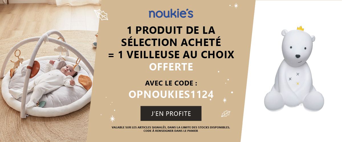 Noukie's : 1 peluche géante ou bascule ou fauteuil ou tapis d’éveil = 1 veilleuse offerte