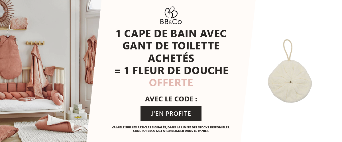 BB&CO : 1 cape de bain avec gant de toilettte achetés = 1 fleur de douche offerte