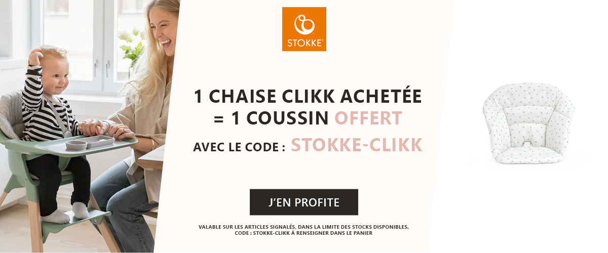 Stokke : 1 chaise haute Clikk achetée = 1 coussin offert