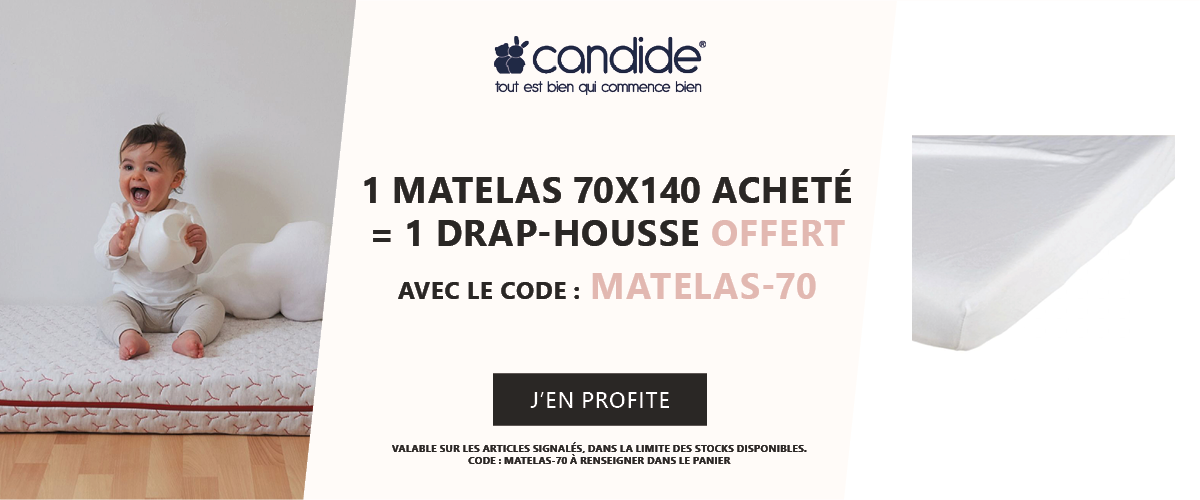 Candide : 1 matelas 70 x 140 acheté = 1 drap housse offert