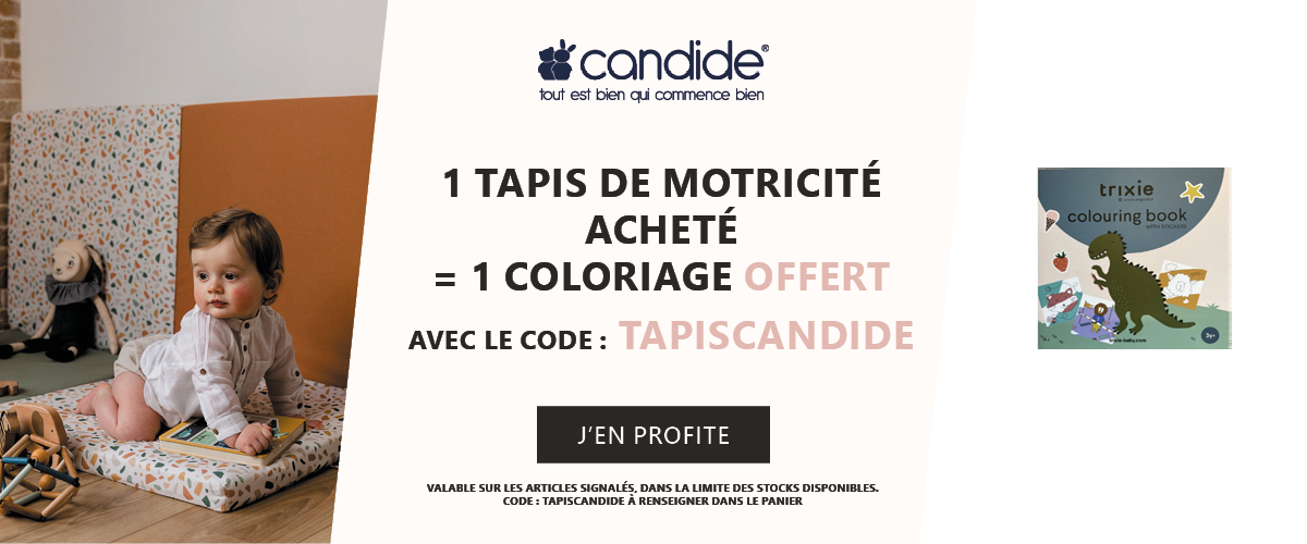 Candide : 1 tapis de motricité acheté = 1 cahier de coloriage offert