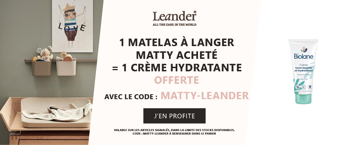 Leander : 1 matelas à langer Matty acheté = 1 crème hydratante Biolane offerte