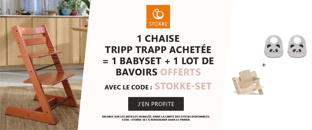 Stokke : 1 chaise haute Tripp Trapp achetée = 1 baby set + 1 lot de bavoirs Liewood offerts
