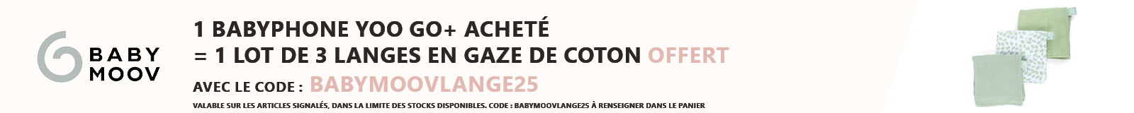 Babymoov : Un babyphone Yoo Go + = un lot de 3 langes en gaze de coton