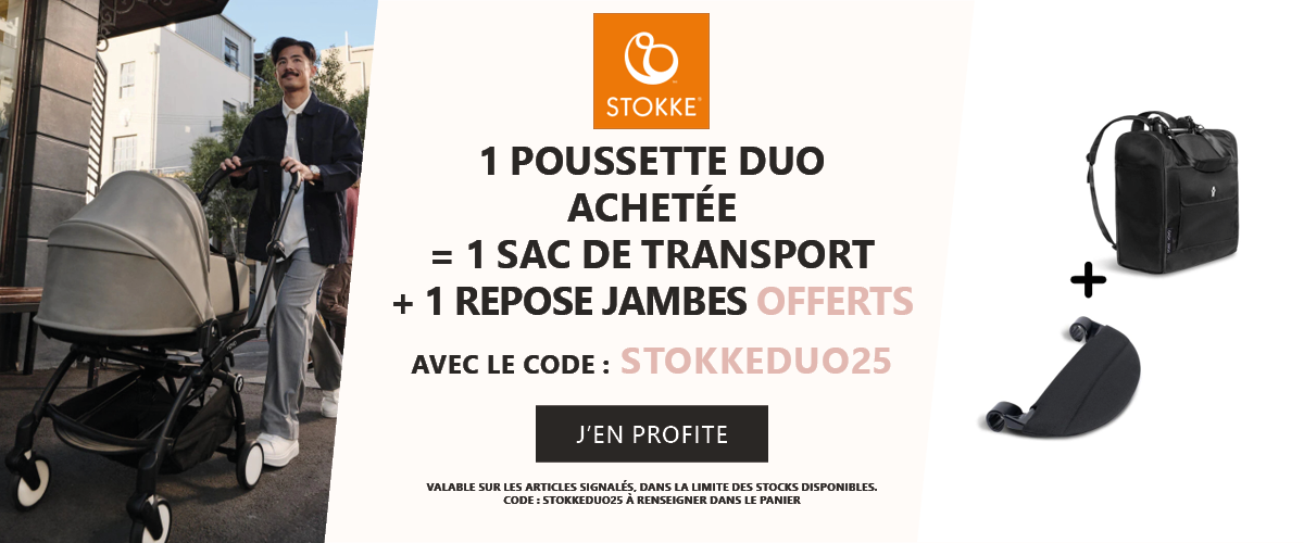Stokke : Une poussette duo achetée = un sac de transport + un repose jambes offert