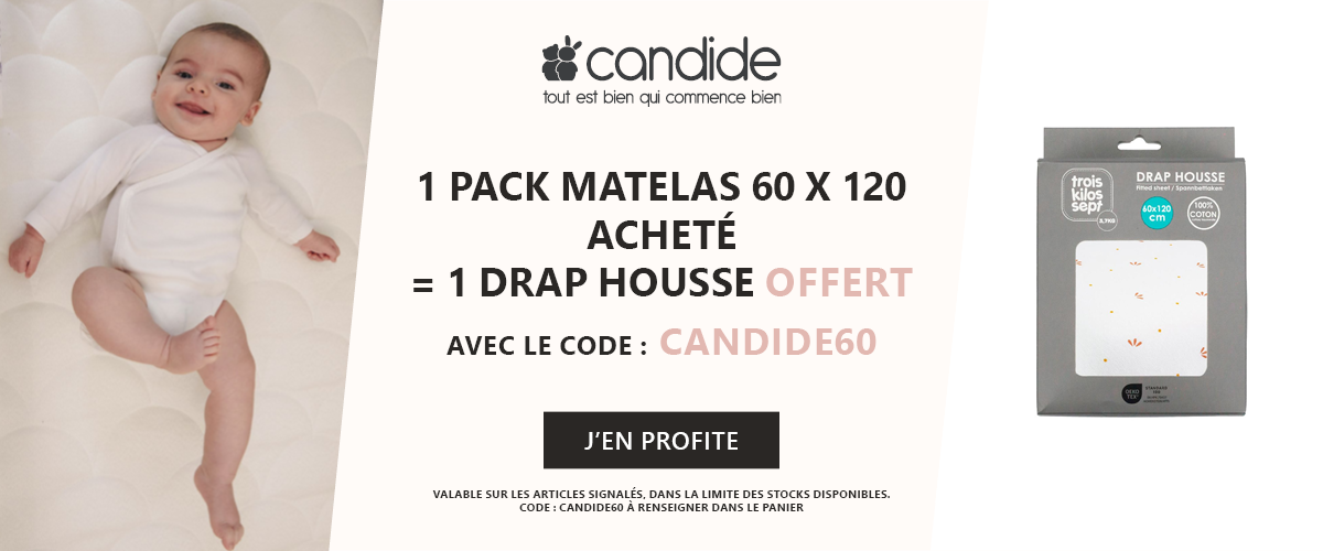 Candide : 1 pack matelas acheté 60 x 120 = 1 drap housse offert