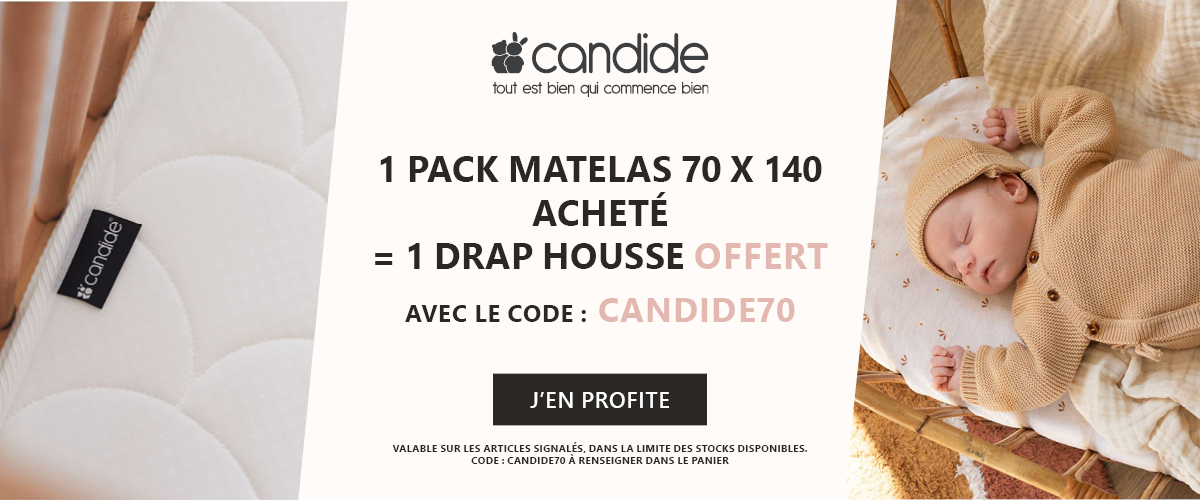 Candide : 1 pack matelas acheté 70 x 140 = 1 drap housse offert