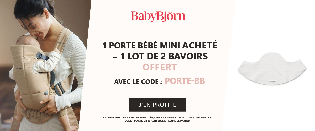 Babybjörn : 1 porte bébé mini acheté = 1 lot de 2 bavoirs offert