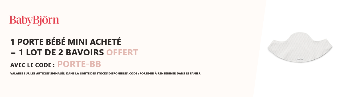 Babybjörn : 1 porte bébé mini acheté = 1 lot de 2 bavoirs offert