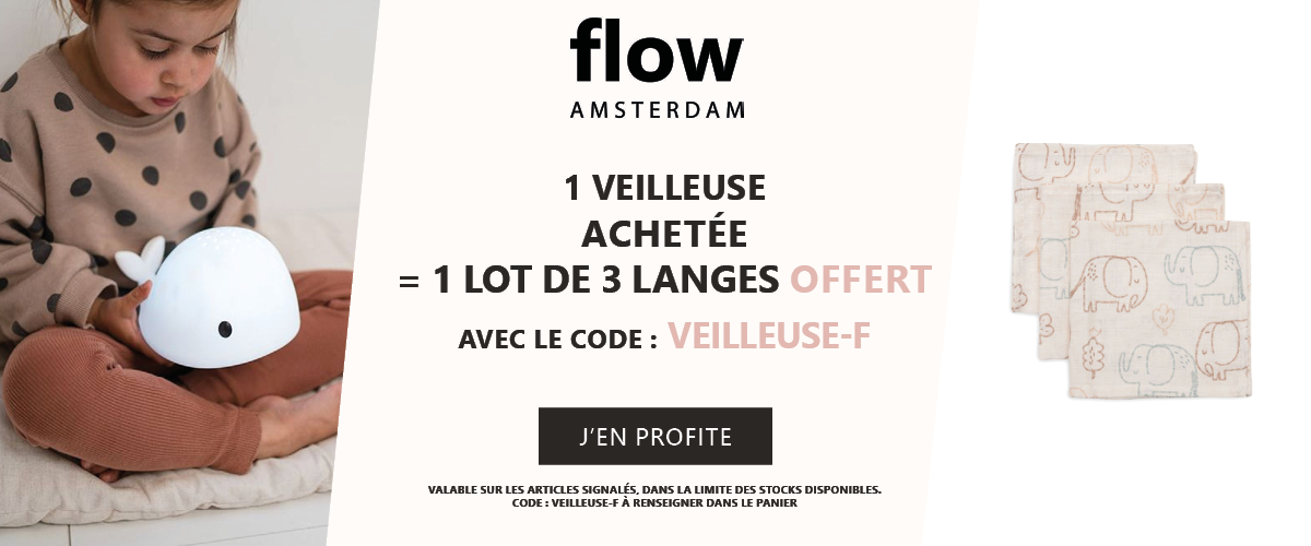 Flow Amsterdam : 1 veilleuse de la sélection achetée = 1 lot de 3 langes offert