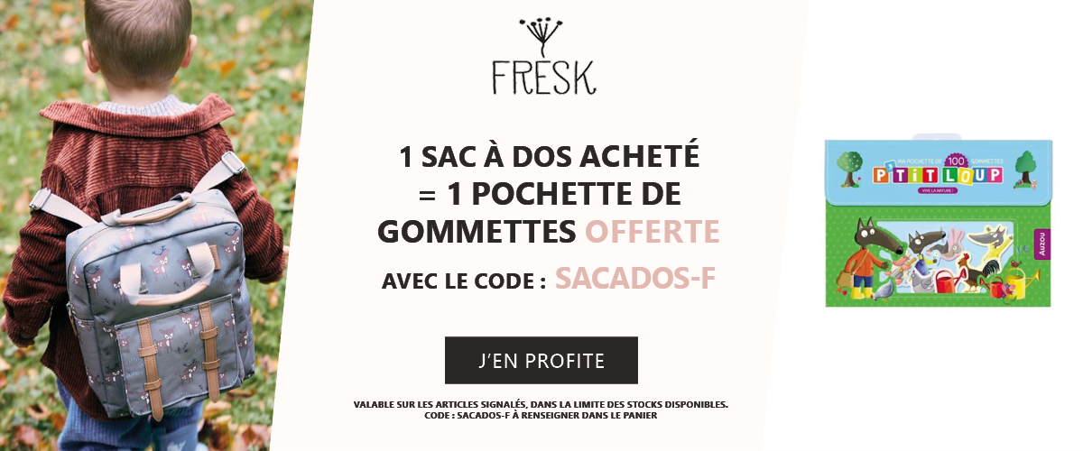 Fresk : 1 sac à dos acheté = 1 pochette de gommettes loup offerte