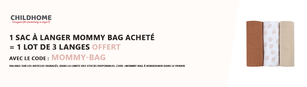 Childhome : 1 sac à langer Mommy Bag acheté = 1 lot de 3 langes offert