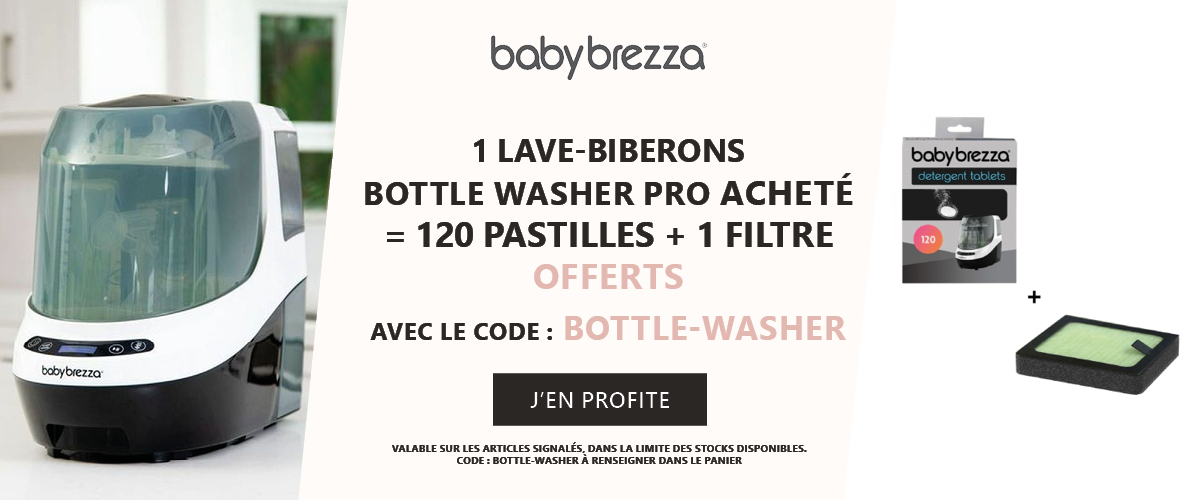 Babybrezza : 1 lave-biberons acheté = 1 lot de 120 pastilles détergentes + 1 Filtre HEPA offert