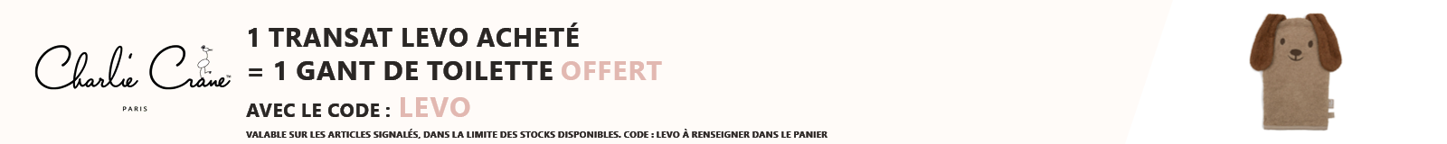 Charlie Crane : 1 transat Levo acheté = 1 gant de toilette bébé offert