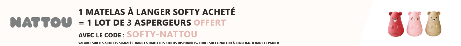 Nattou : 1 matelas à langer Softy acheté = 1 lot de 3 aspergeurs de bain offert