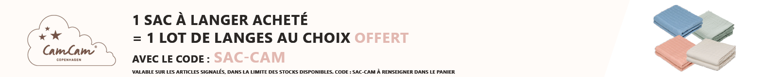Cam Cam Copenhagen : 1 sac a langer acheté = 1 lot de langes au choix offert