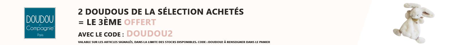 Doudou & Cie : 2 doudous de la sélection achetés = le 3ème offert