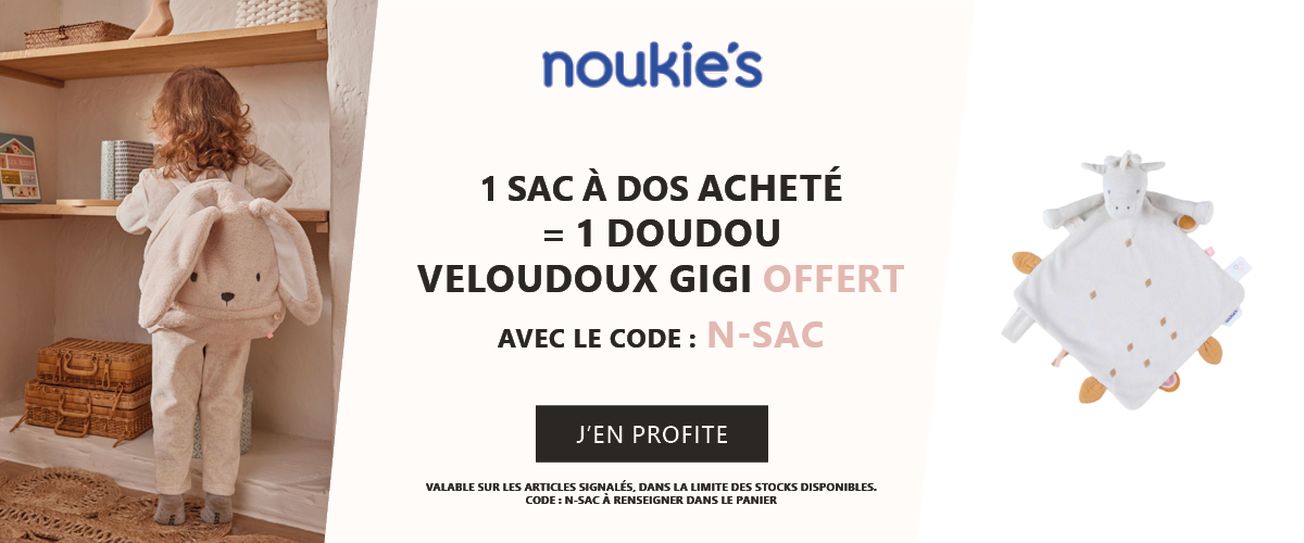 Noukie's : 1 sac à dos acheté = 1 doudou veloudoux Gigi offert
