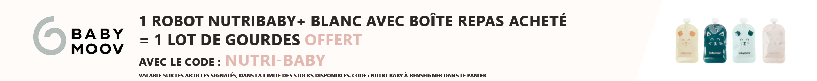 Babymoov : 1 robot Nutribaby+ avec boîte repas acheté = 1 lot de 20 gourdes réutilisables offert