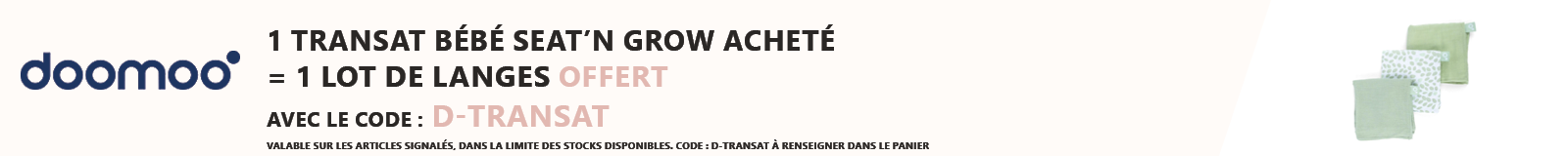 Doomoo : 1 transat bébé Seat'n Grow acheté = 1 lot de 3 langes offert