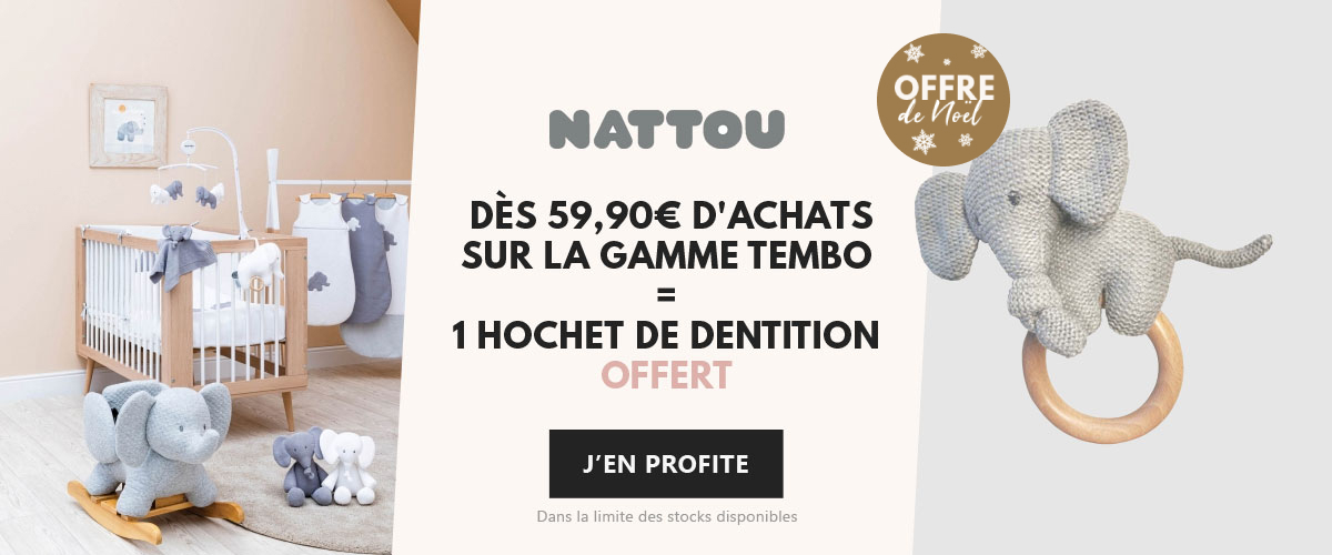 Nattou : Dès 59.90€ d'achat sur la gamme Tembo, un hochet de dentition Eléphant offfert !